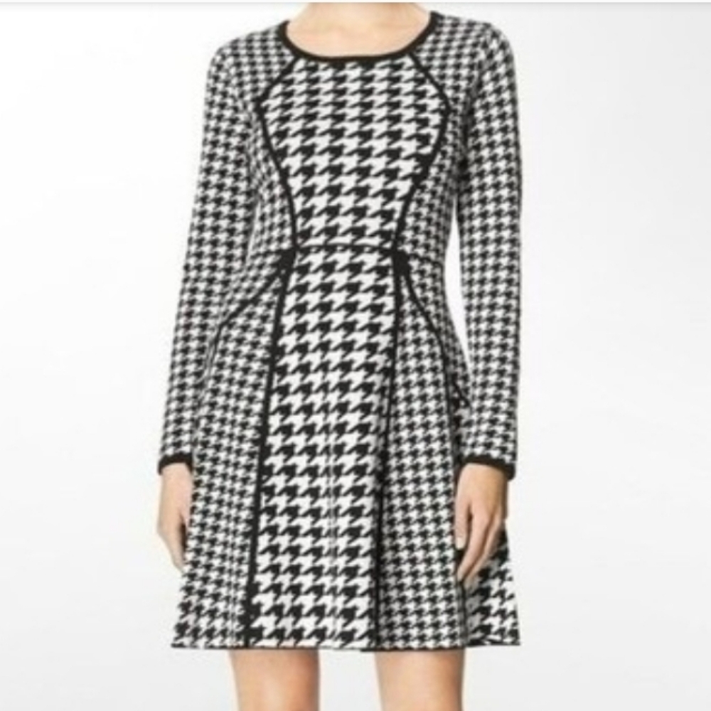Calvin Klein Black and White Houndstooth Fit and Flare Sweater Dress